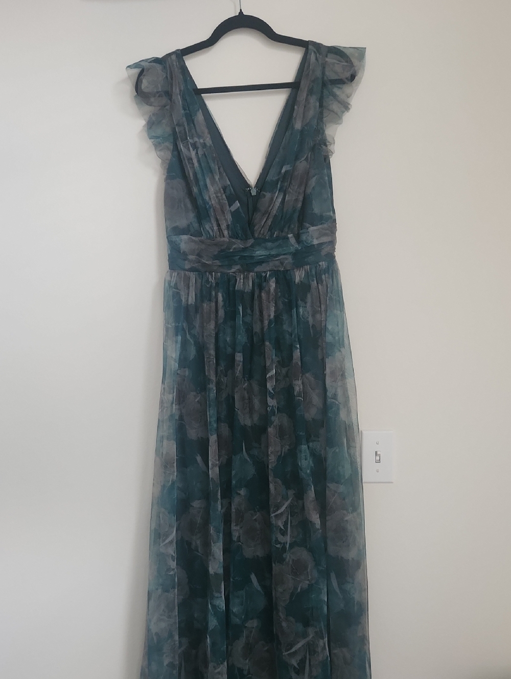 Baltic Born Teal Green Carmine V-Neck Ruffle Maxi Dress